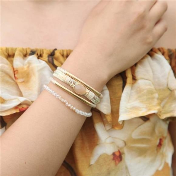 Crystal Beaded Leather Wrap Bracelet - Boho Cuff Stone Charm Bracelet - Picture 7 of 7